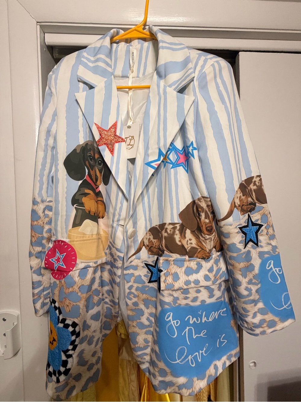 Dachshund Print Striped Blazer Jacket - Light Blue & White
